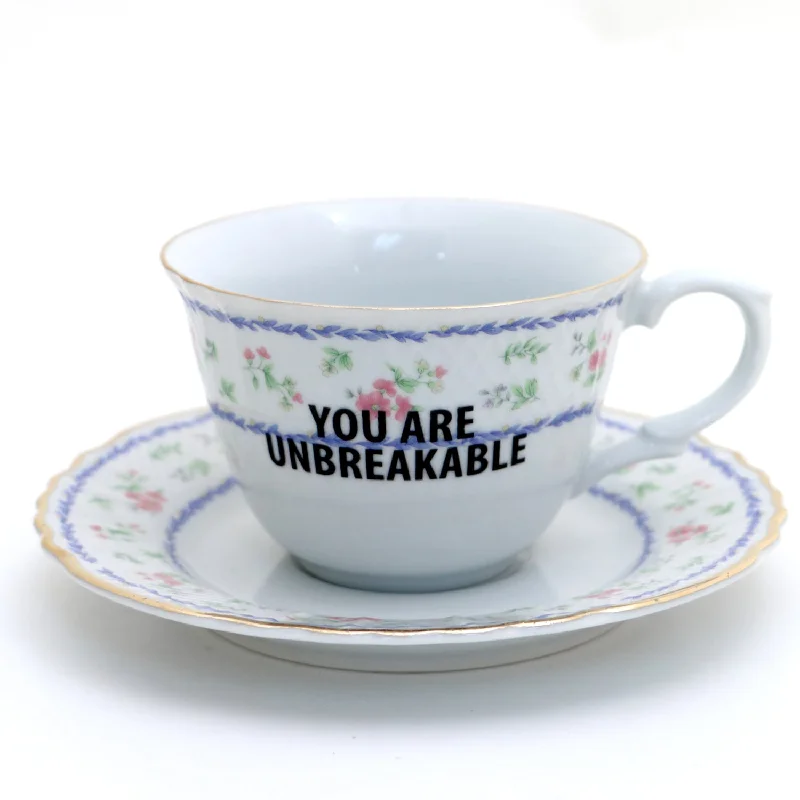 You Are Unbreakable tea cup and saucer set, upcycled, encouraging teacup and saucer