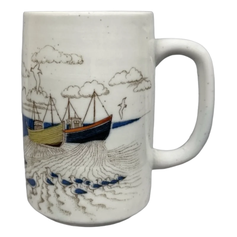 Boats And Seagulls On The Shore Large Speckled Mug Otagiri