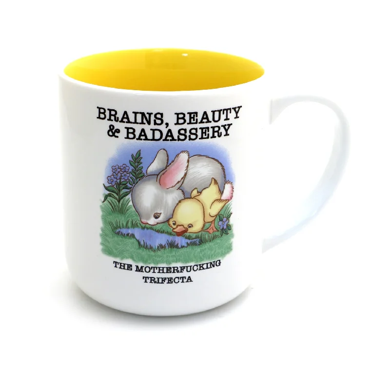 Brains, Beauty, Badassery, Bunny and Duck mug, mature language, funny friendship mug