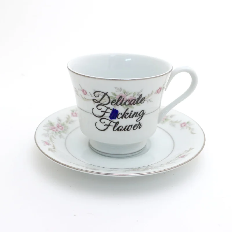 Delicate F'n Flower teacup and saucer, Upcycled, vintage mature language