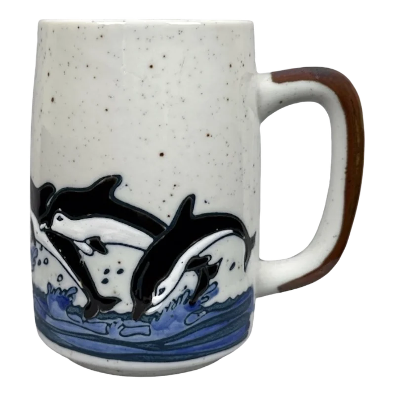 Dolphins Jumping Large Speckled Embossed Mug Otagiri