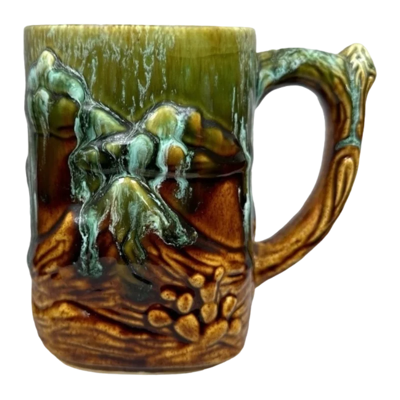 Eagle Mountains And Cactus 3D Embossed Drip Glaze Pottery Mug