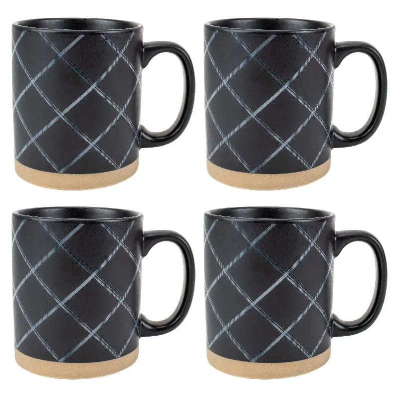 Elanze Designs Modern Plaid Raw Clay Bottom Black 13 ounce Ceramic Coffee Mugs Set of 4