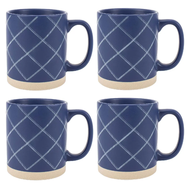 Elanze Designs Modern Plaid Raw Clay Bottom Navy Blue 13 ounce Ceramic Coffee Mugs Set of 4