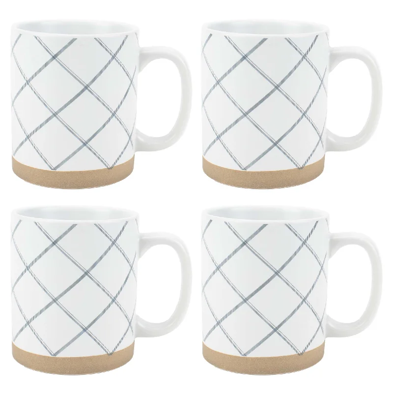 Elanze Designs Modern Plaid Raw Clay Bottom White 13 ounce Ceramic Coffee Mugs Set of 4