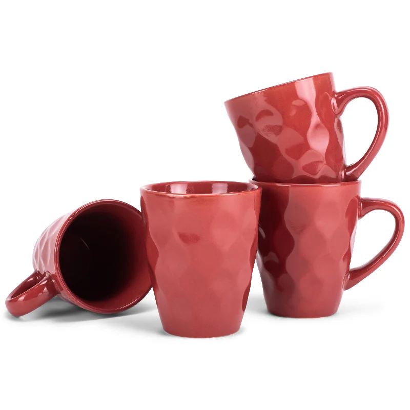 Red 12 Ounce Dimpled Glossy Ceramic Set of 4 Mug Set