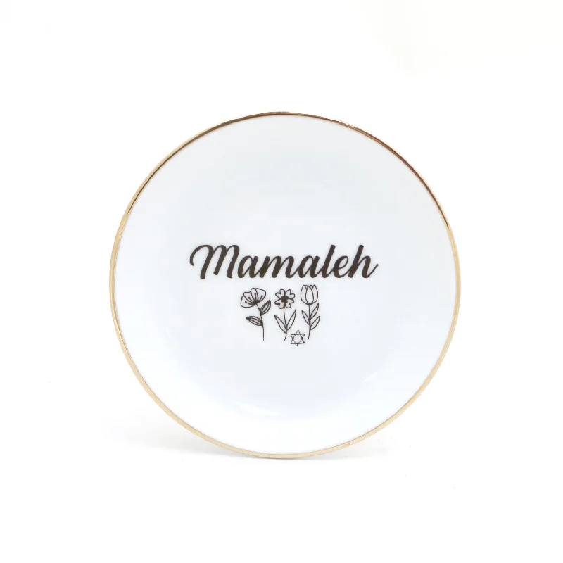 Mamaleh ring dish, Yiddish ring holder with 22K gold accents, Judaica