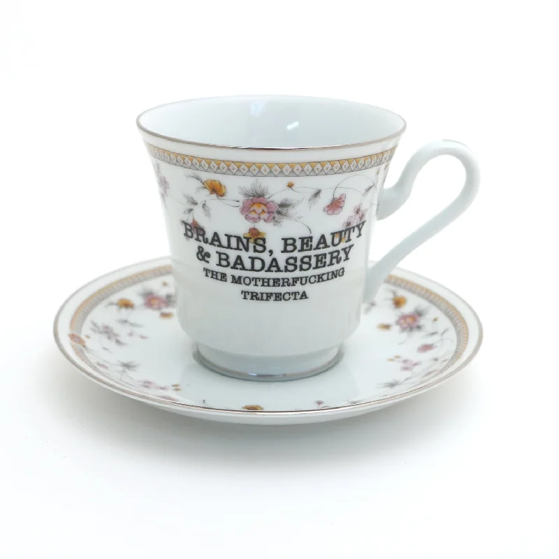 Vintage tea cup and saucer set, Brains, Beauty, vulgar, sassy, mature language, Mikasa