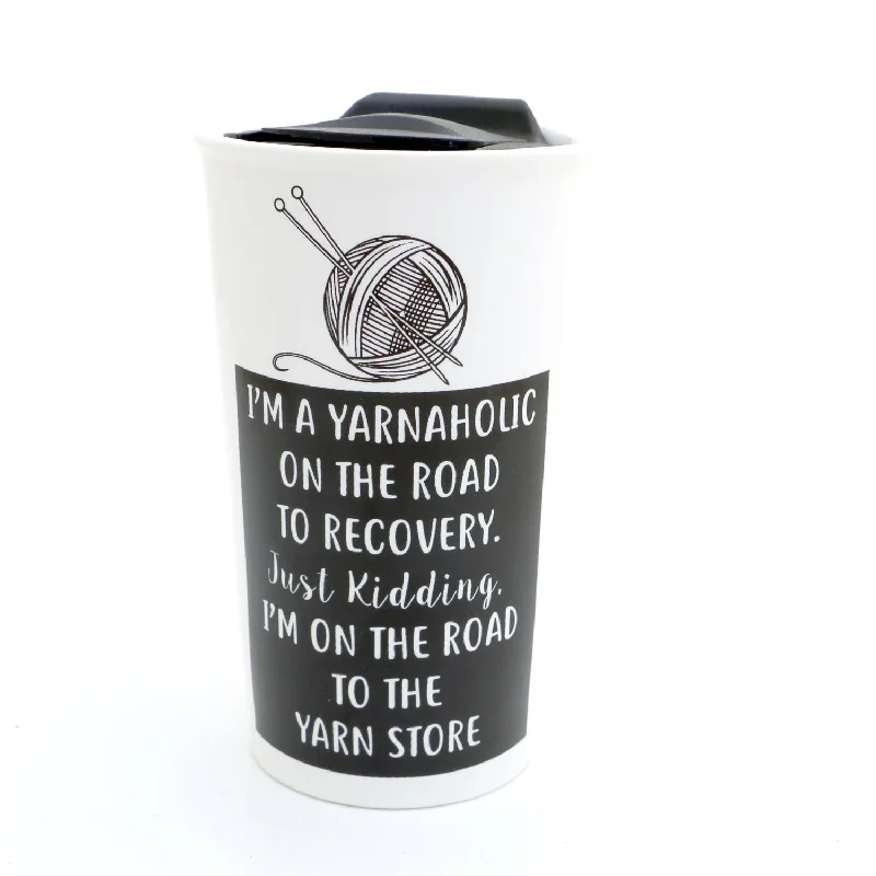 Yarnaholic Travel Mug, eco friendly, gift for knitter or crochet