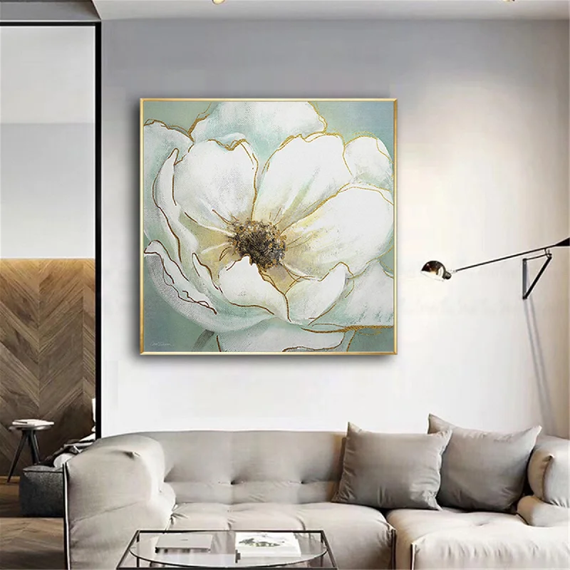 Abstract White Flower Painting Gold Leaf Canvas Art for Living Room Gp054