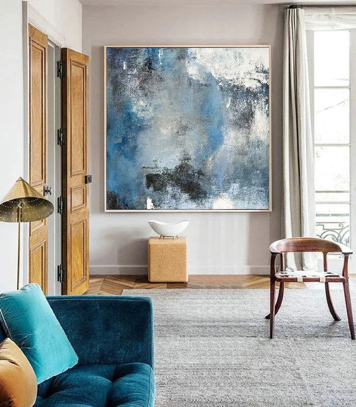 Blue White Abstract Painting,Large Cloud Canvas Oil Painting,Living Room Art Bl009