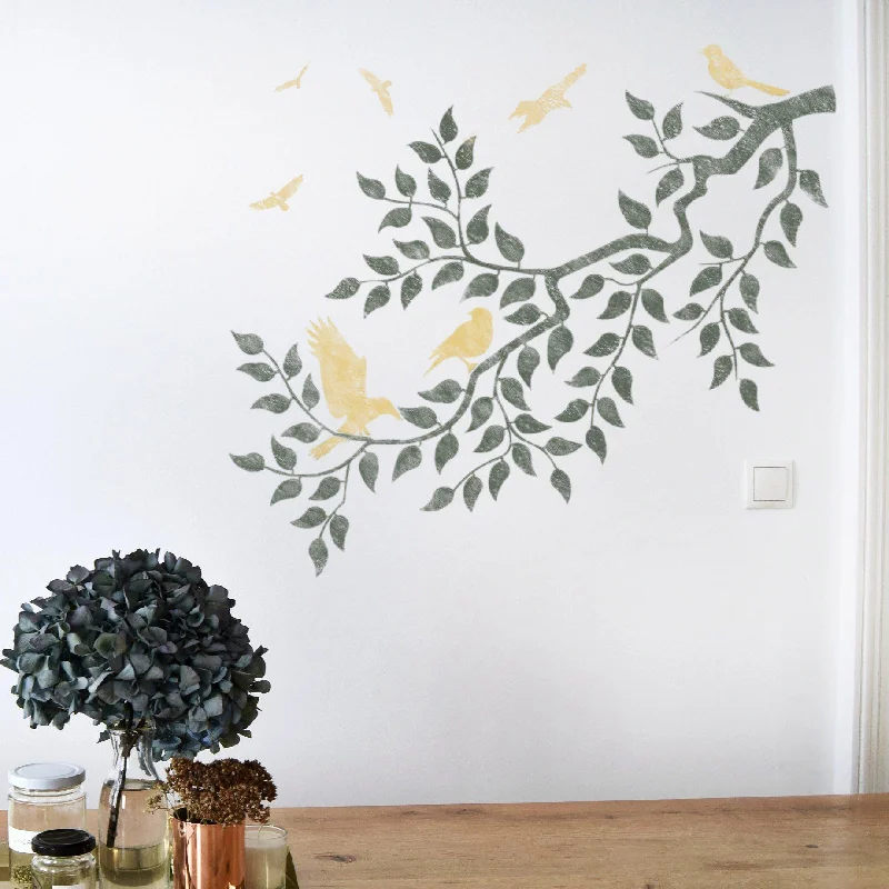 Wall Stencil - Birds On A Branch Wall Stencil - Original Floral Stencil