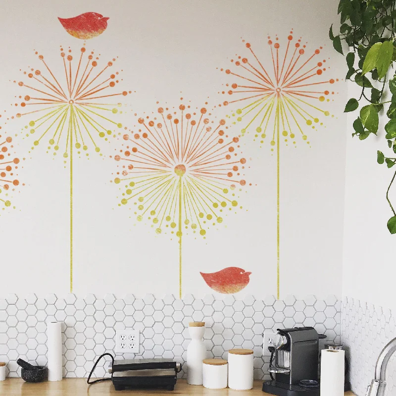 Dandelion Wall Stencil - Floral Wall Stencils - Dandelion & Bird Stencil