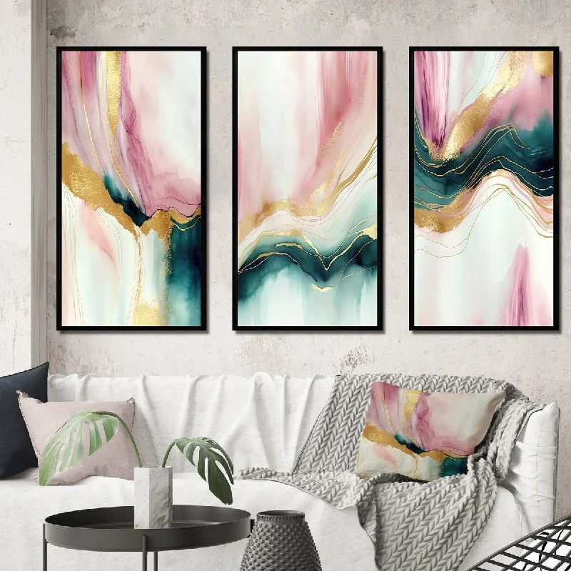 Designart "Abstract Geode Pink And Green Marble I" Abstract Marble Framed Wall Art Set Of 3 - Modern For Office Decor