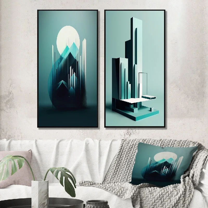 Designart "Abstract Minimal Turquoise Full Moon Landscape" Abstract Wall Art Décor Canvas Set For Living Room Decor