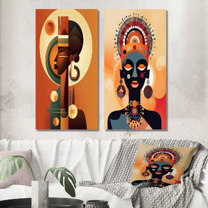 Designart "African Tribal Goddess Graphic Illustration III" Abstract Wall Art Set of 2 - Transitional Wall Printed Art