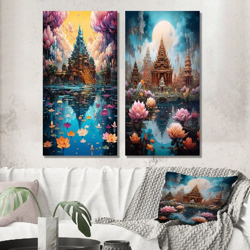 Designart "Ancient AsianTemple Blossoming Flowers III" Asian Art Wall Art Set of 2 - Global Wall Art For Home Decor