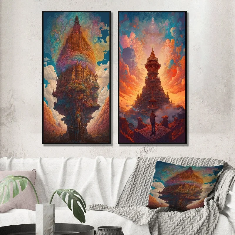 Designart "Ancient Temple In Dreamy Sunset Landscape I" Christianism Wall Art Décor Canvas Set For Living Room Decor