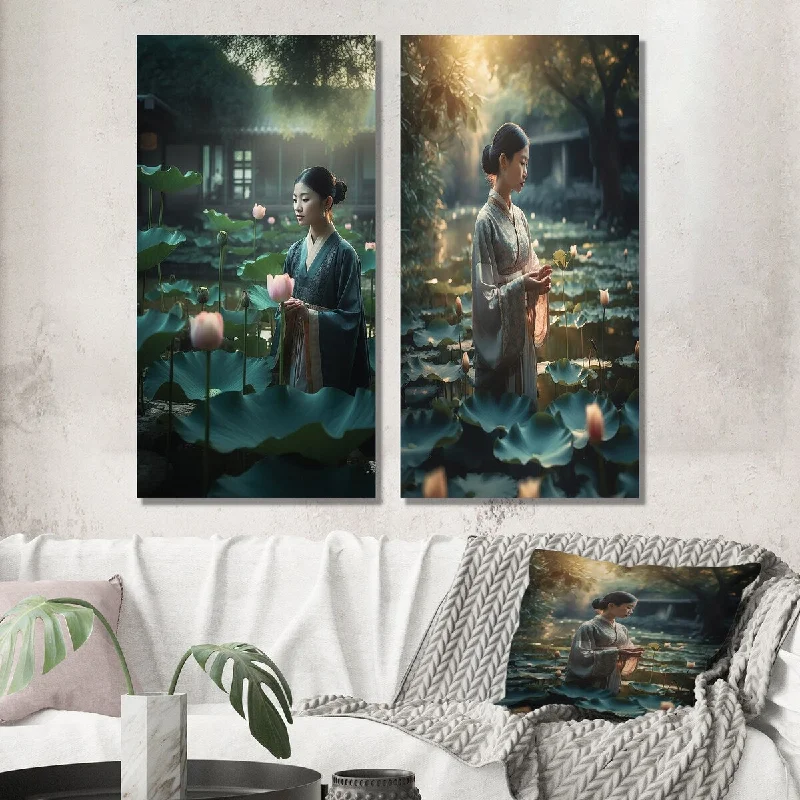 Designart "Asian Girl In Lotus Pond At Dawn III" Asian Woman Wall Art Set of 2 - Glam Wall Art For Bedroom