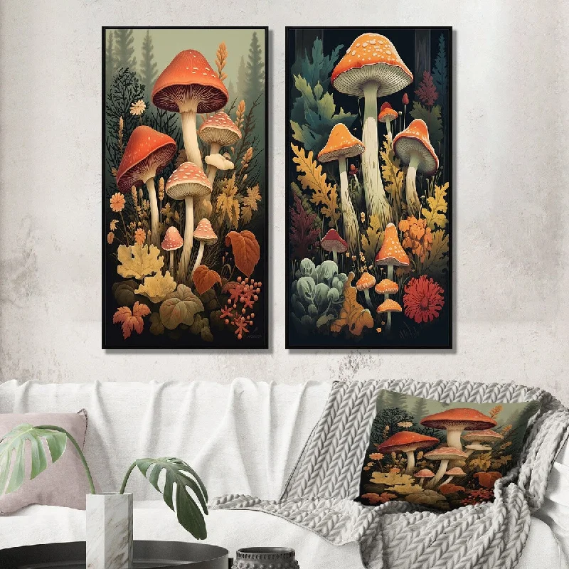 Designart "Autumn Mushrooms In Forest Vintage Illustration I" Mushroom Wall Art Décor - Traditional Wall Art Set Of 2