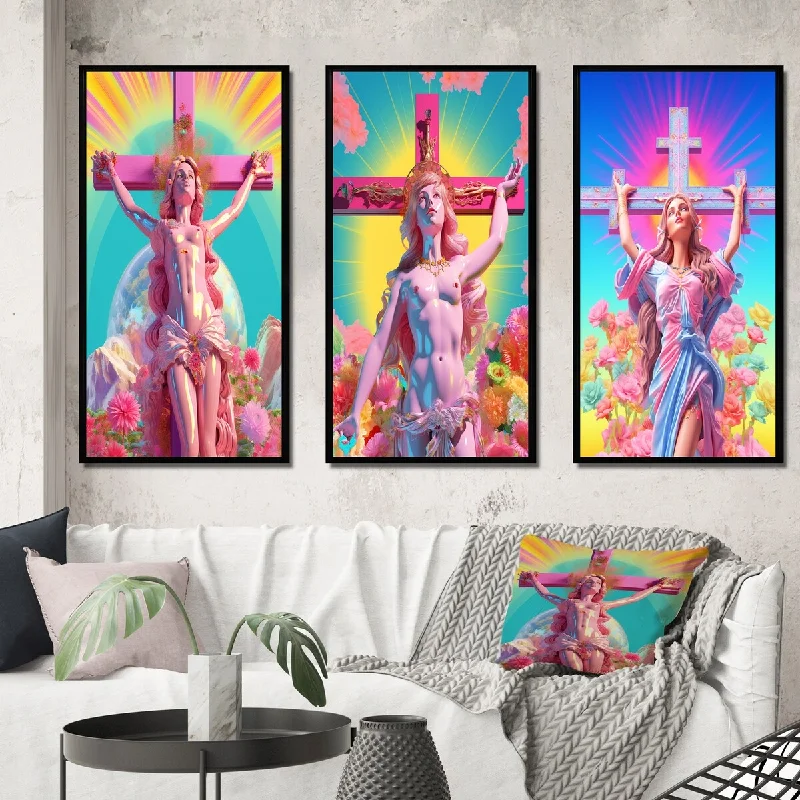 Designart "Barbie Jesus On The Cross VIII" Christianism Framed Wall Art Set Of 3 - Traditional For Office Decor