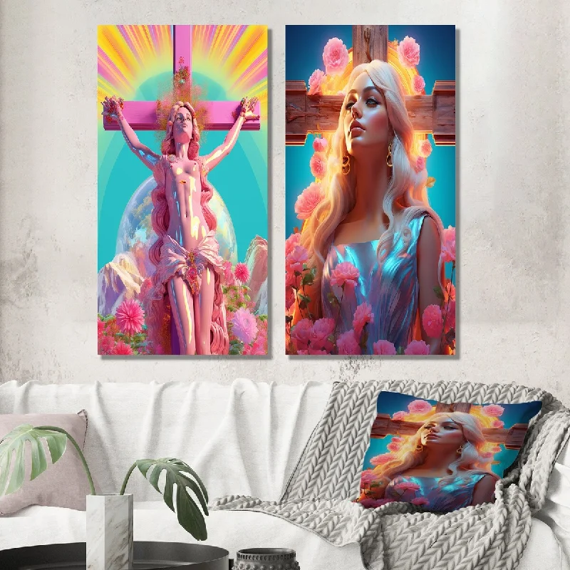 Designart "Barbie Jesus Vibrant Rainbow Colors VI" Christianism Wall Art Set of 2 - Traditional Wall Art For Bedroom