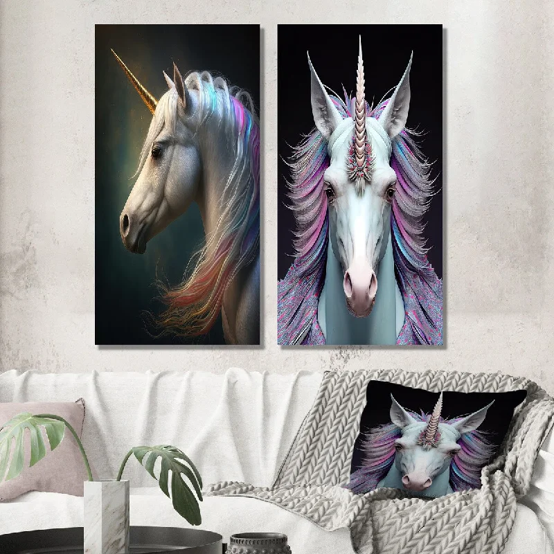 Designart "Beautiful Portrait Of A Unicorn I" Animals Horse Wall Art Set of 2 - Children's Art Wall Art For Bedroom