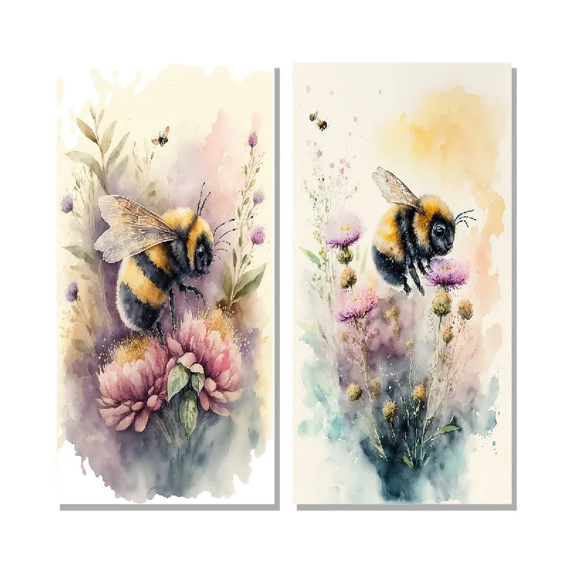 Designart "Bee Flying To A Flower Watercolour I" Animals Bee Wall Art Set of 2 - Children's Art Wall Art For Home Decor