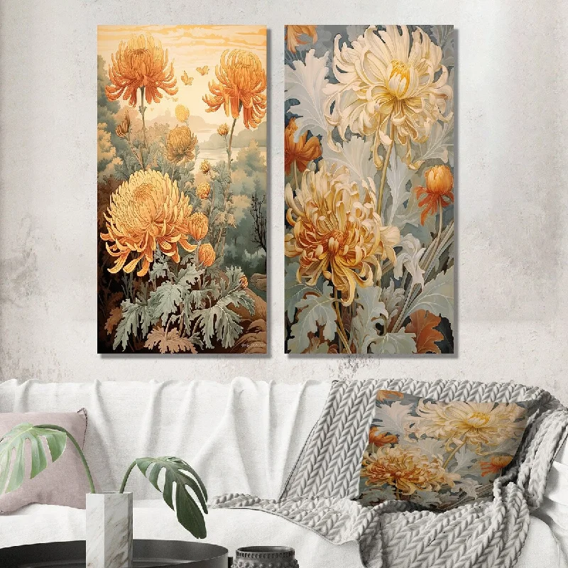 Designart "Blooming White Orange Chrysanthemum Retro Art I" Wildflowers Wall Art Set of 2 - Traditional For Office Decor