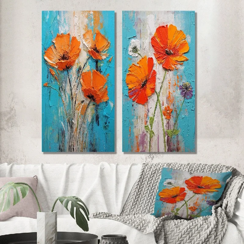 Designart "Blossoming Red Poppes On Teal Sky Painting III" Poppies Wall Art Set of 2 - Traditional Wall Art For Bedroom