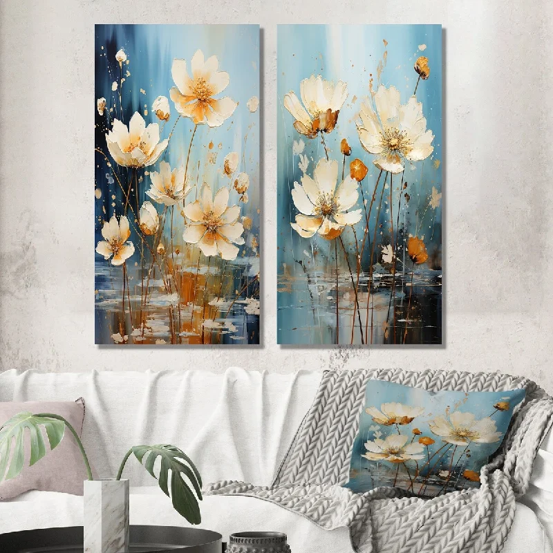 Designart "Blossoming White Daisy Teal Blue Sky II" Flowers Wall Art Set of 2 - Traditional For Living Room Decor