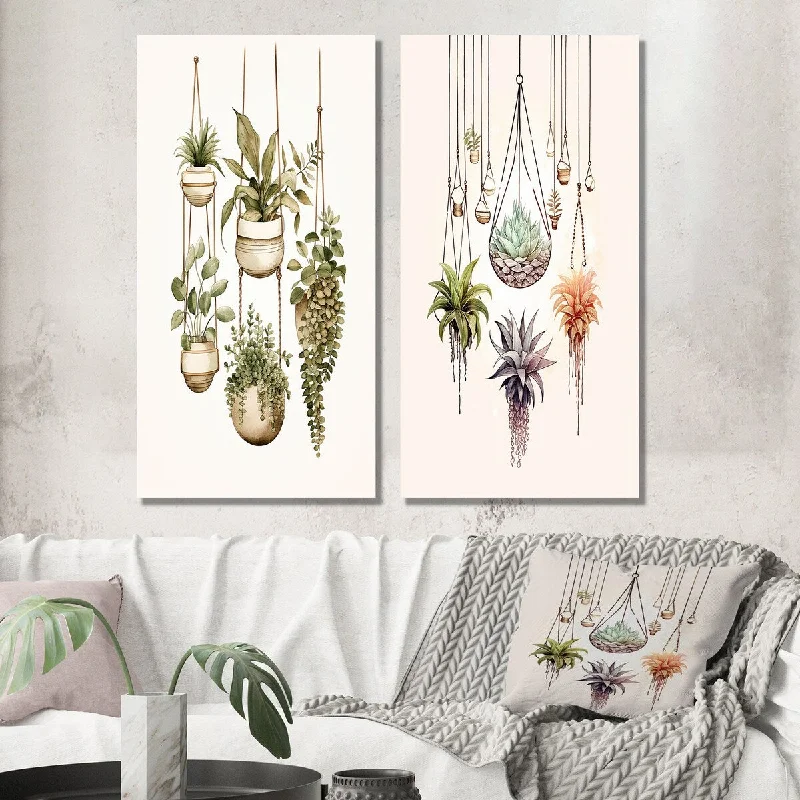 Designart "Boho Botanical Joyful Hanging Houseplants II" Abstract Wall Art Set of 2 - Modern For Living Room Decor