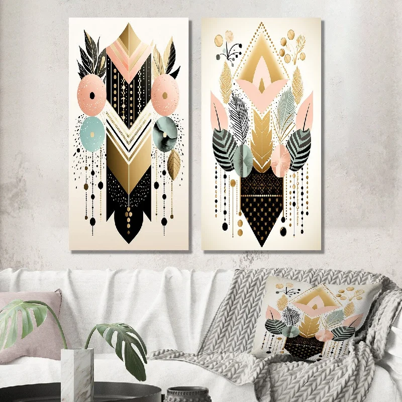 Designart "Boho Chic Floral Geometric Retro Illustration I" Modern Wall Art Set of 2 - Modern For Living Room Decor