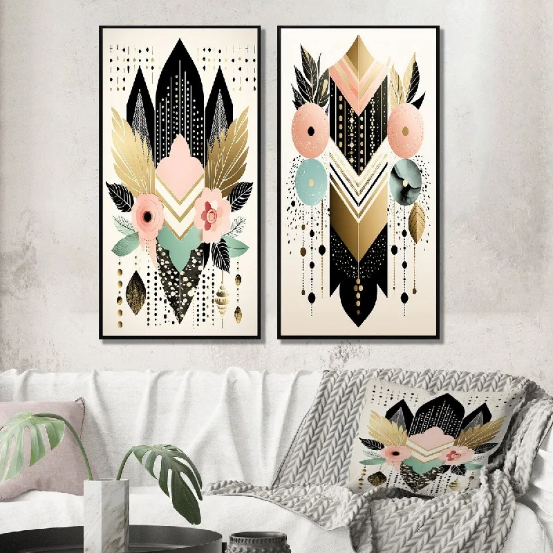 Designart "Boho Chic Floral Geometric Retro Illustration IV" Modern Geometric Wall Art Décor - Modern Wall Art Set Of 2