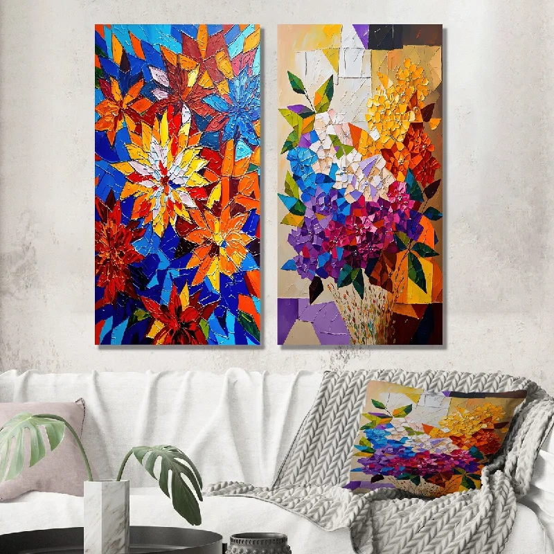 Designart "Bright Blossoming Minimal Wildflowers I" Floral Bouquet Wall Art Set of 2 Traditional Wall Art For Home Decor