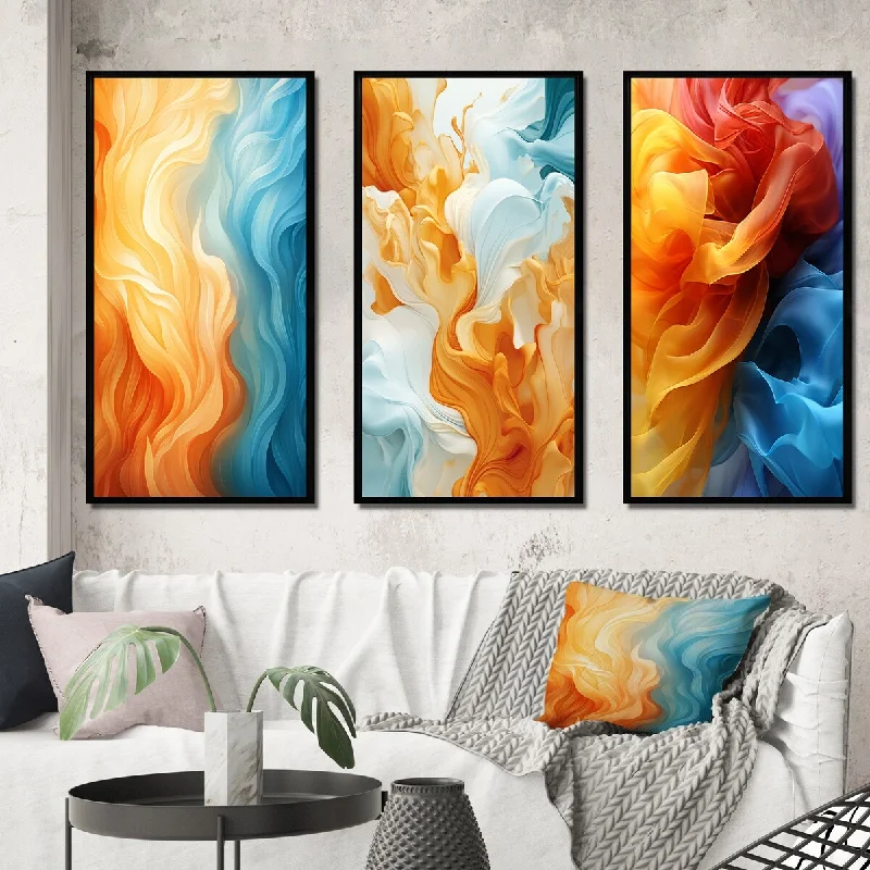 Designart "Bright Orange And Turquoise Liquid Ink Art II" Abstract Shapes Frame Gallery Wall Set Of 3 For Home Decor