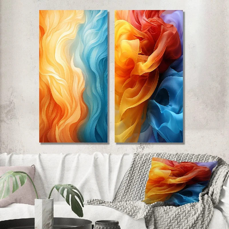 Designart "Bright Orange And Turquoise Liquid Ink Art II" Abstract Wall Art Set of 2 Transitional Wall Art For Bedroom