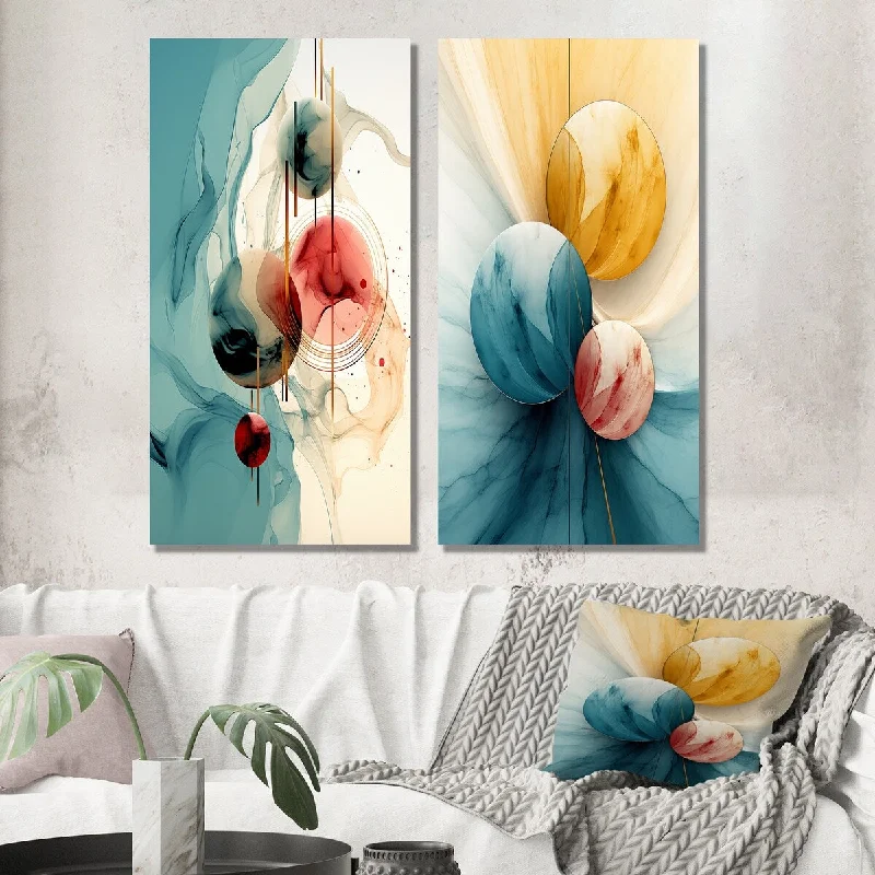 Designart "Circular Fusion In Shades Of Retro Blue III" Modern Wall Art Set of 2 - Modern For Living Room Decor