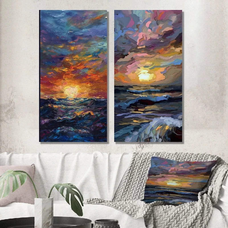 Designart "Coastal Cloudy Sunset Contemplation Wild Waves I" Beach Wall Art Set of 2 - Coastal Wall Art For Home Decor