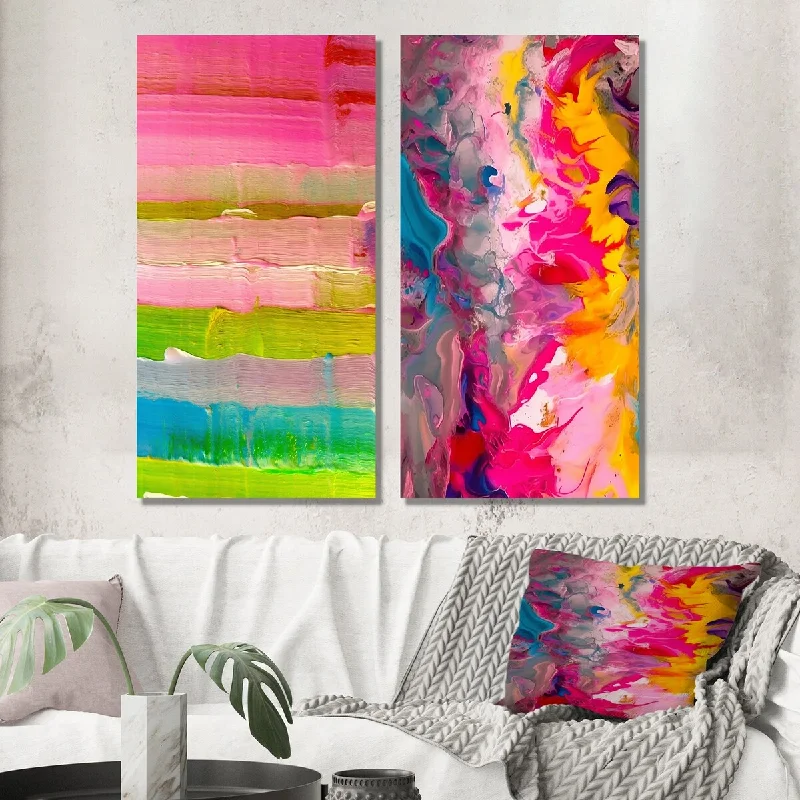 Designart "Colorfields Revisted In Shades Of Pink" Abstract Painting Wall Art Set of 2 - Modern Wall Art For Bedroom