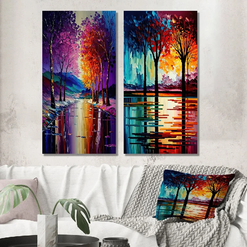 Designart "Colorful Trees At Sunset By The Riverside I" Landscape Wall Art Set of 2 - Country Printed Wall Décor