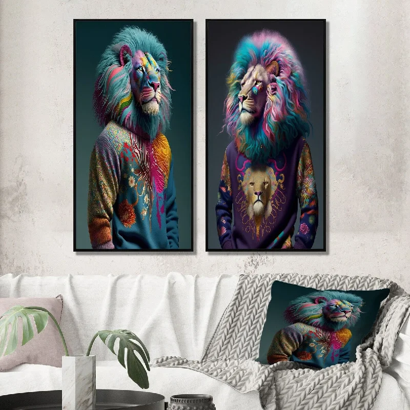 Designart "Cool Lion With Flamboyant Sweater I" Animals Framed Wall Art Children's Art Canvas Set For Living Room Decor