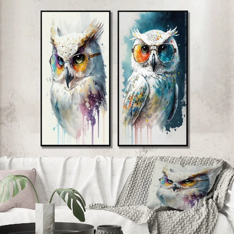 Designart "Cool White Owl With Funky Sunglasses I" Animals Owl Framed Wall Art Children's Art Wall Art Set Of 2