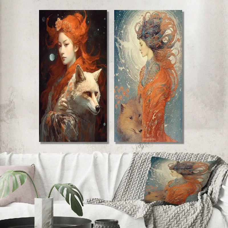 Designart "Cosmic Fox With Mystical Woman III" Animals Fox Wall Art Set of 2 Children's Art Gallery Set For Office Decor