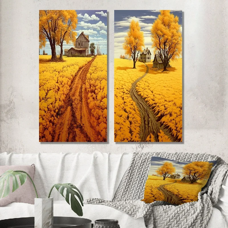 Designart "Cottage Countryroad Golden Blossoming Fields IV" Meadow Wall Art Set of 2 - Traditional For Office Decor