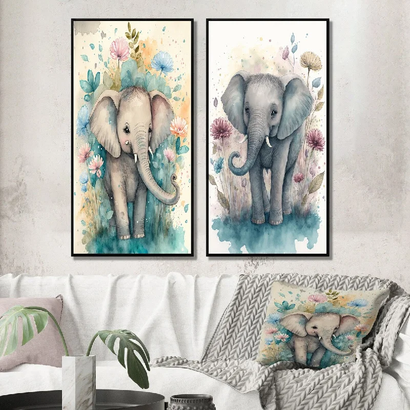 Designart "Cute Little Baby Elephant In The Flowers I" Animals Elephant Wall Art Décor Children's Art Wall Art Set Of 2