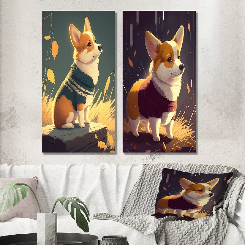 Designart "Cute Little Corgi Dog" Animals Mafia Wall Art Set of 2 - Modern Gallery Set For Office Decor