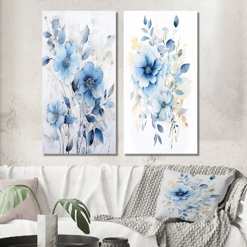 Designart "Delicate Blue Ginko Leaves On White Watercolor IV" Leaves Wall Art Set of 2 - Traditional Living Room Decor