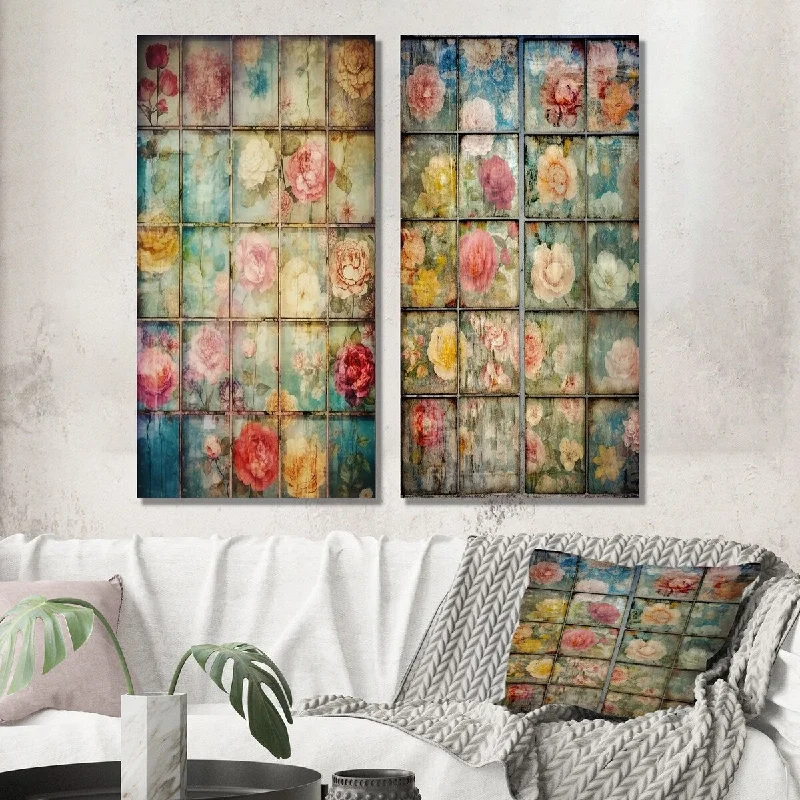 Designart "Elegant Vintage Collage of Blossoming Roses I" Rose Wall Art Set of 2 - Traditional For Living Room Decor