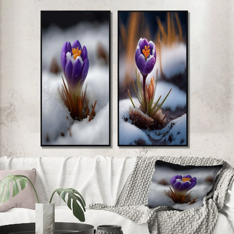 Designart "First Crocus Of Spring I" Floral Crocus Framed Wall Art Traditional Canvas Set Of 2 For Living Room Decor